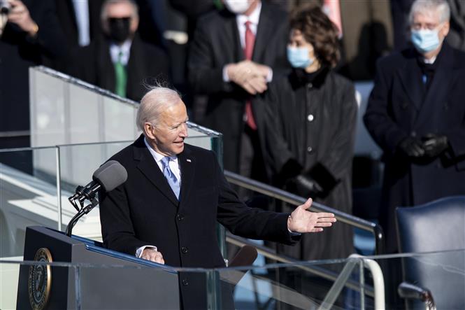 Trong ảnh: Tân Tổng thống Mỹ Joe Biden phát biểu sau khi tuyên thệ nhậm chức tại Đồi Capitol, Washington DC., ngày 20/1/2021. Ảnh: THX/TTXVN
