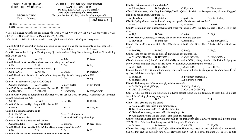 Đề thi Hóa học tốt nghiệp THPT quốc gia năm 2022