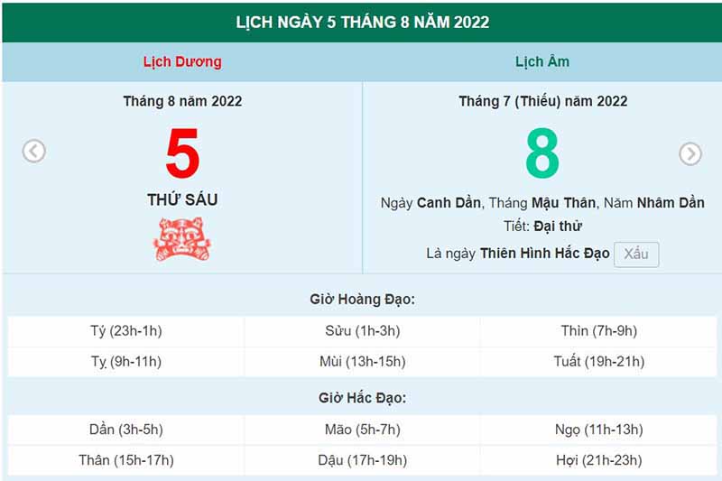 ngày 5 tháng 8 năm 2022, ngày 5/8/2022 tốt hay xấu, lịch âm 2022, lịch vạn niên ngày 5/8/2022, âm lịch hôm nay 5/8, Lịch vạn niên ngày 5 tháng 8, 5/8 ngày tốt, ngày 5/8