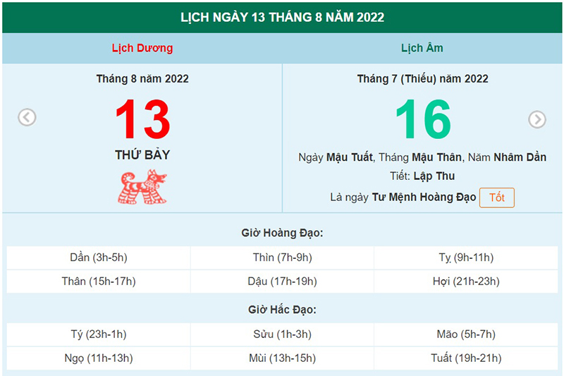 ngày 13 tháng 8 năm 2022, ngày 13/8/2022 tốt hay xấu, lịch âm 2022, lịch vạn niên ngày 13/8/2022, âm lịch hôm nay 13/8, Lịch vạn niên ngày 13 tháng 8, xem ngày tốt