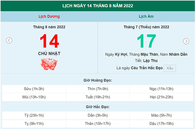 ngày 14 tháng 8 năm 2022, ngày 14/8/2022 tốt hay xấu, lịch âm 2022, lịch vạn niên ngày 14/8/2022, âm lịch hôm nay 14/8, Lịch vạn niên ngày 14 tháng 8, xem ngày tốt