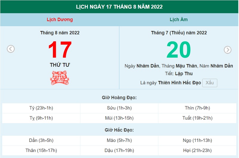 ngày 17 tháng 8 năm 2022, ngày 17/8/2022 tốt hay xấu, lịch âm 2022, lịch vạn niên ngày 16/8/2022, âm lịch hôm nay 17/8, Lịch vạn niên ngày 17 tháng 8, xem ngày tốt