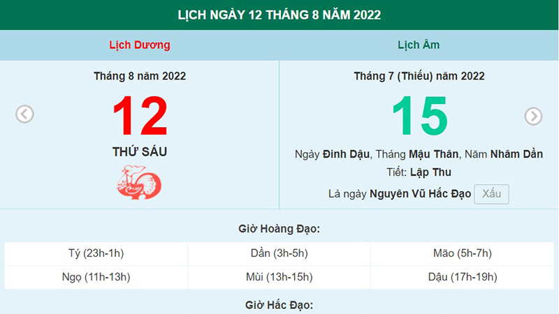 Lịch âm 12/8, xem lịch thứ Sáu ngày 12 tháng 8 năm 2022 là ngày tốt hay xấu?