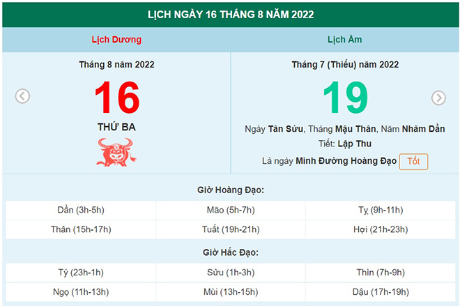 ngày 16 tháng 8 năm 2022, ngày 16/8/2022 tốt hay xấu, lịch âm 2022, lịch vạn niên ngày 16/8/2022, âm lịch hôm nay 16/8, Lịch vạn niên ngày 16 tháng 8, xem ngày tốt