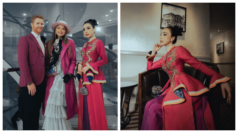 Hoàng Dung diện áo dài cách điệu lộng lẫy đi xem show thời trang tại London