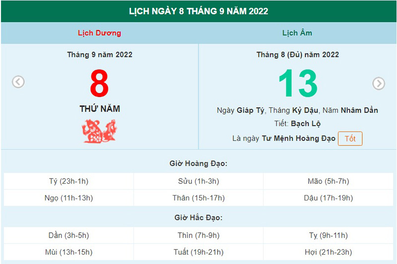 ngày 8 tháng 9 năm 2022, ngày 8/9/2022 tốt hay xấu, lịch âm 2022, lịch vạn niên ngày 8/9/2022, Xem ngày tốt, lịch âm 2022, âm lịch hôm nay 8/9, âm lịch hôm nay