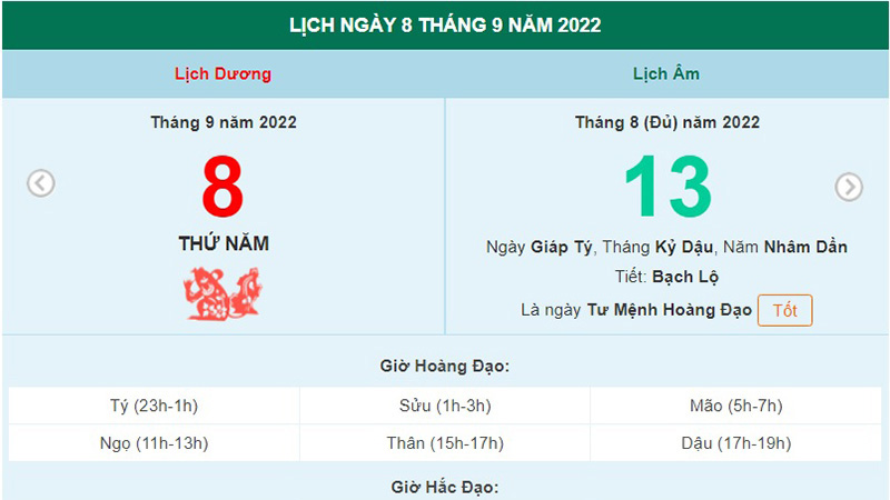 Lịch âm 8/9, xem lịch thứ Năm ngày 8 tháng 9 năm 2022 là ngày tốt hay xấu?