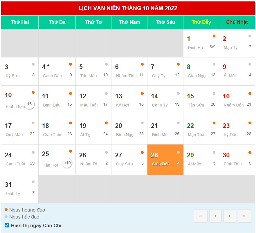 Tổng Hợp Ngày Tốt Ngày Hoàng Đạo Tháng 10 Dương Lịch Năm 2022 (Tháng 9 Âm  Lịch)