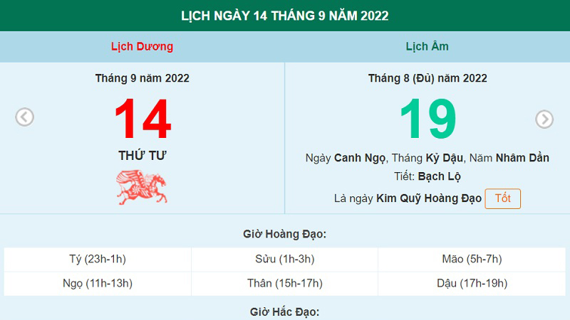 Lịch âm 14/9, xem lịch thứ Tư ngày 14 tháng 9 năm 2022 là ngày tốt hay xấu?