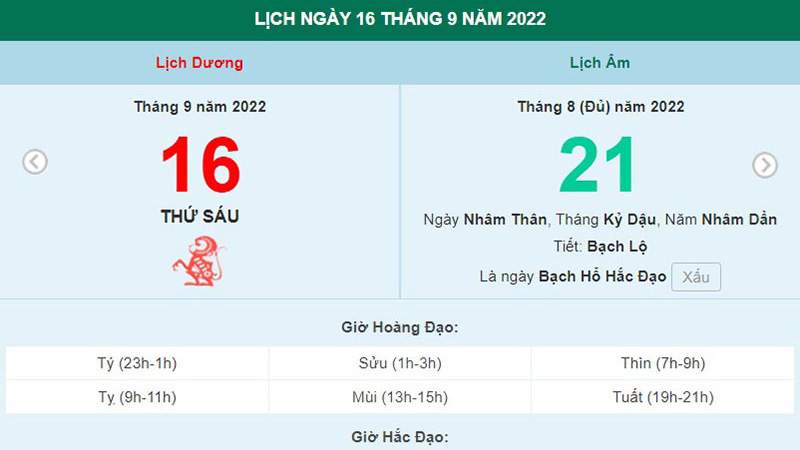 Lịch âm 16/9, xem lịch thứ Sáu ngày 16 tháng 9 năm 2022 là ngày tốt hay xấu?