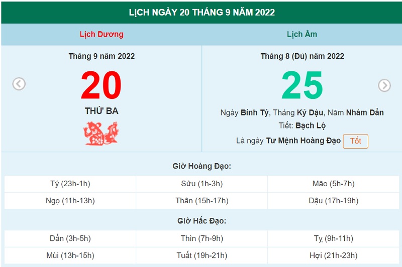 ngày 20 tháng 9 năm 2022, ngày 20/9/2022 tốt hay xấu, xem ngày tốt, lịch âm 2022, lịch vạn niên ngày 20/9/2022, âm lịch hôm nay 20/9, Lịch vạn niên ngày 20 tháng 9