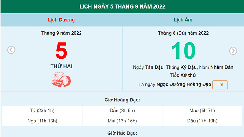 Lịch âm 5/9, xem lịch thứ Hai ngày 5 tháng 9 năm 2022 là ngày tốt hay xấu?