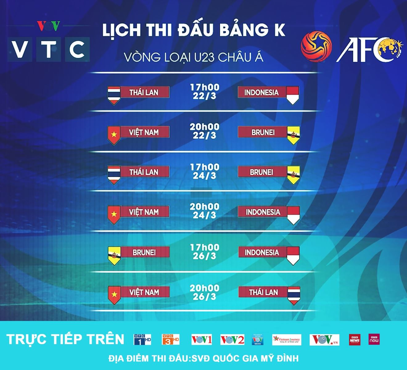 lich thi dau u23 chau a, lịch thi đấu u23 châu á, lịch thi đấu u23 việt nam, lich u23 chau a 2019, u23 việt nam, u23 châu á, trực tiếp bóng đá, VTC3, VTV5, VTC1, VTV6