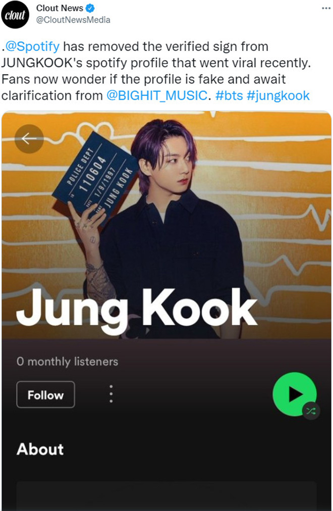 BTS, Jungkook, Tài khoản Spotify của Jungkook là rởm, V BTS, Jin, J-Hope, bts