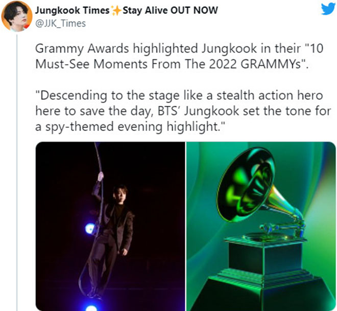 BTS, 10 khoảnh khắc đáng nhớ của Jungkook tại Grammy 2022, V BTS, Suga, Jimin, Tin bts