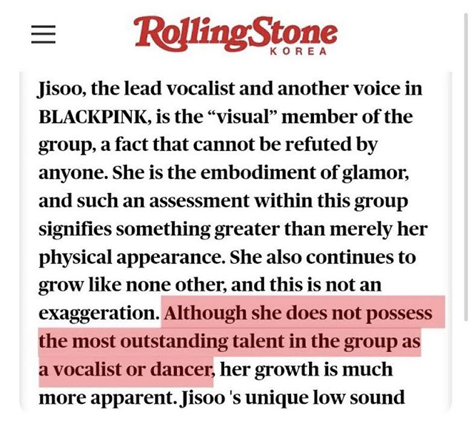 Blackpink, Jisoo, Lisa, Rolling Stone Korea mô tả sai về Jisoo, Tin blackpink