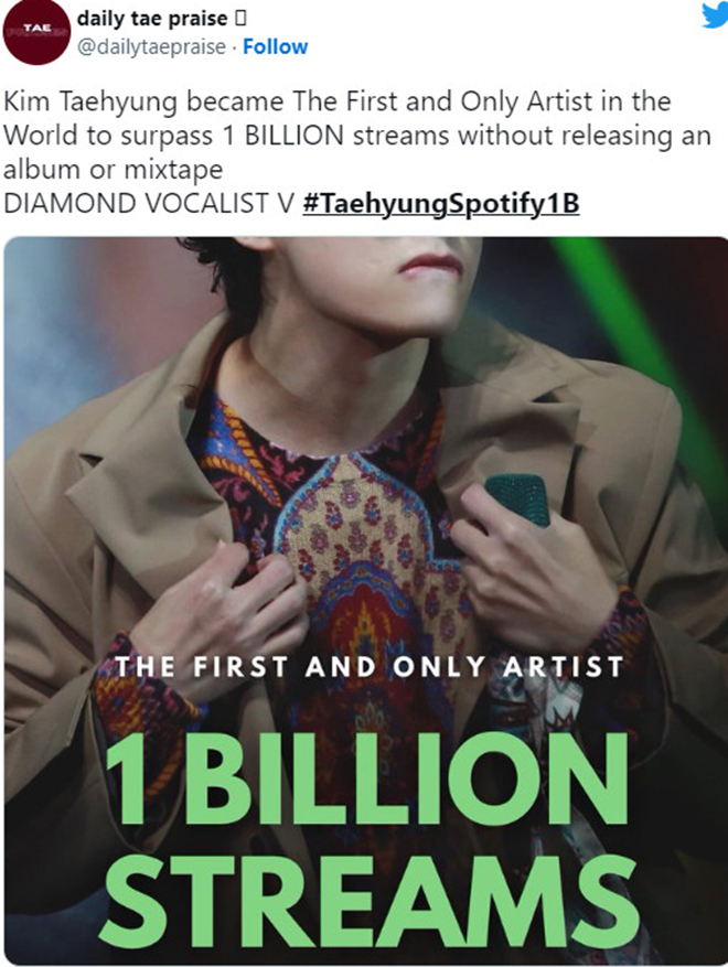 BTS, V BTS, V BTS vượt ngưỡng 1 tỷ lượt stream trên Spotify, J-Hope, Jimin,  Tin bts