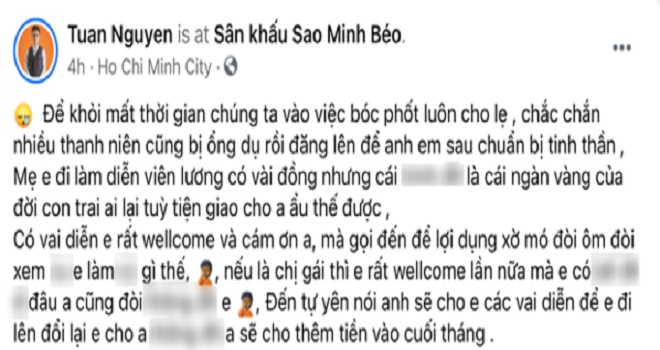 Dòng tin nhắn mà Minh Béo nhắn cho nam diễn viên Tuấn Nguyễn. (Ảnh: Facebook nhân vật)