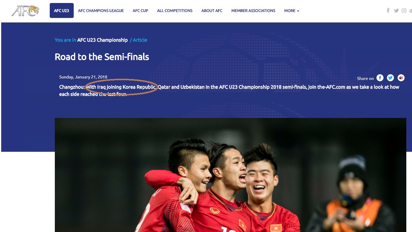 Một ngày sau chiến thắng của U23 Việt Nam, trang chủ AFC vẫn nhầm đội vào bán kết là... U23 Iraq
