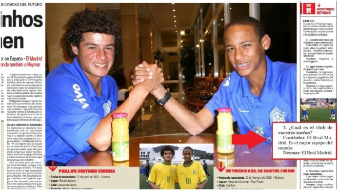 Neymar và Coutinho từng ước được chơi cho Real Madrid