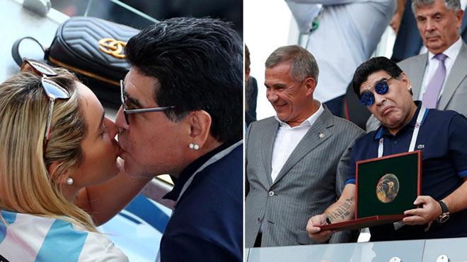 Maradona trao bạn gái nụ hôn kiểu Pháp trên khán đài ngày Argentina bị loại