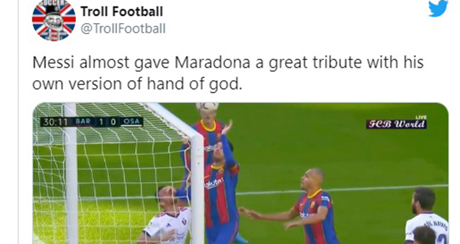 Messi, Maradona, Barcelona, Messi suýt tái hiện ‘Bàn tay Chúa’ của Maradona, Barcelona vs Osasuna, La Liga, Bàn tay của Chúa, Messi ghi bàn bằng tay, Lionel Messi