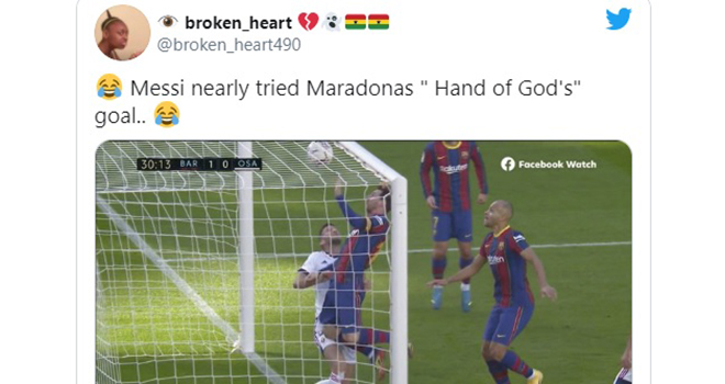 Messi, Maradona, Barcelona, Messi suýt tái hiện ‘Bàn tay Chúa’ của Maradona, Barcelona vs Osasuna, La Liga, Bàn tay của Chúa, Messi ghi bàn bằng tay, Lionel Messi