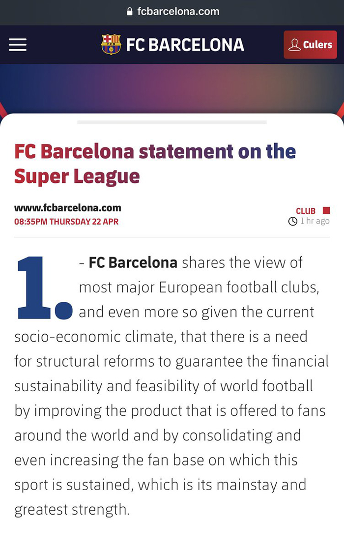 Super League, barcelona, Barcelona sẽ tham gia Super League, thông cáo chính thức của Barca, Barca va Super League, Barcelona, bong da hom nay, bóng đá, bong da