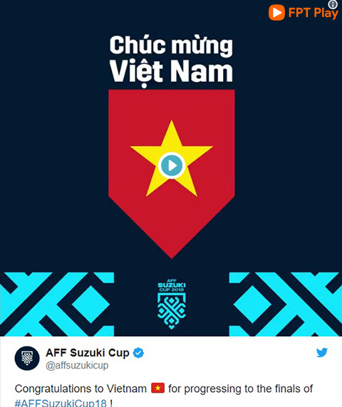 Trang Twitter của AFF Suzuki Cup chúc mừng chiến thắng của tuyển Việt Nam