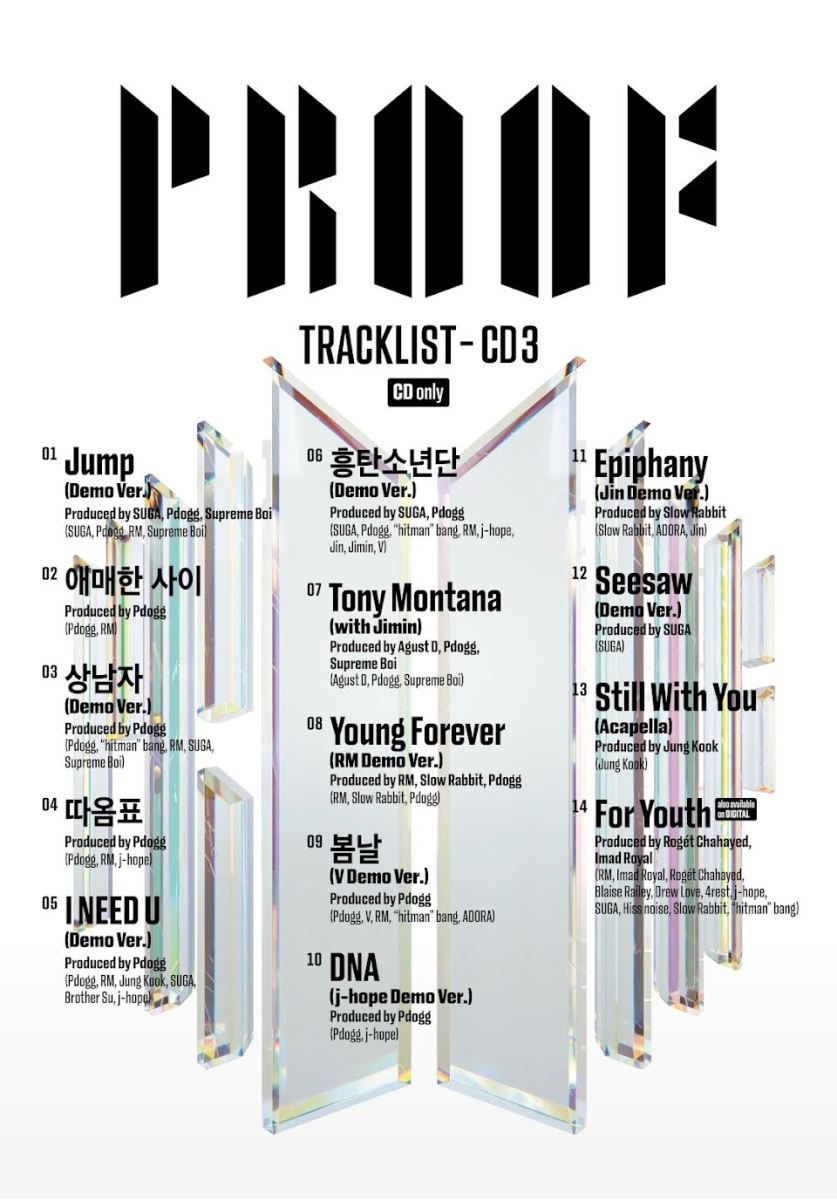 BTS, PROOF, demo PROOF, khác biệt chi tiết 9 bản demo trong PROOF, Still With You demo, I Need U demo, Spring Day demo, DNA demo, Jungkook, Jimin, Jin, JHope, RM, Suga, V