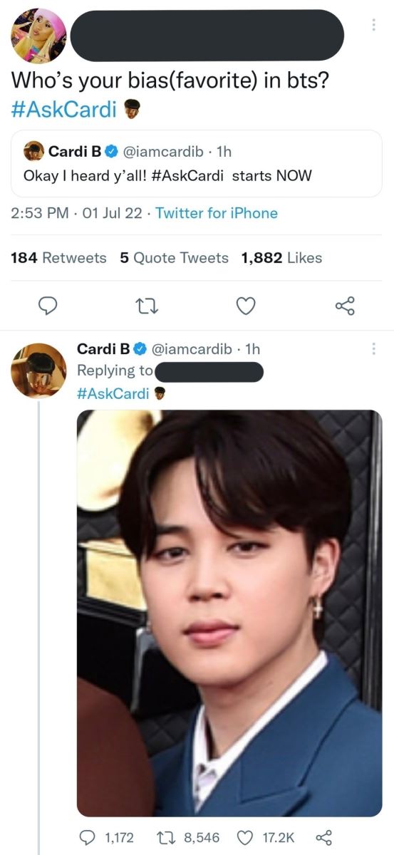 BTS, Cardi B, Cardi B's bias in BTS, Cardi B BTS, Cardi B BTS's daughter, Cardi B bias, Cardi B collaborates with BTS, Jimin, Jin, Jungkook, J-Hope, RM, Suga, V, Jimin cute