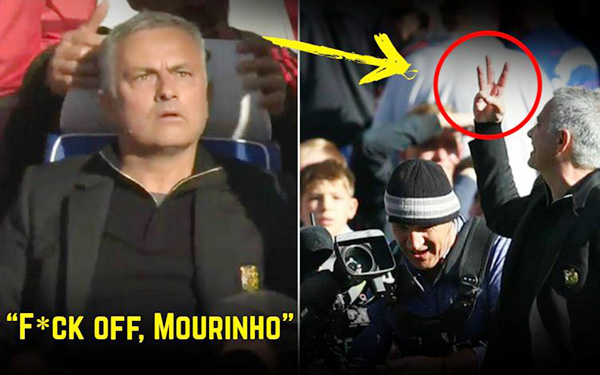 Mourinho bị khiêu khích, Mourinho bị phạt, Mourinho ẩu đả trợ lý Chelsea, Chelsea 2-2 MU, Chelsea vs MU, Fan Chelsea vô ơn, lăng mạ, chửi bới, 3 ngón tay