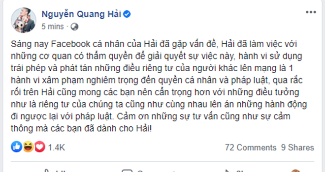 Facebook Quang Hải bị hack, FB Quang Hai, Facebook Quang Hải bất ngờ bị hack, Quang Hải, Nguyễn Quang Hải, Huỳnh Anh, Hà Nội, bóng đá Việt Nam, tin tuc bong da, bóng đá