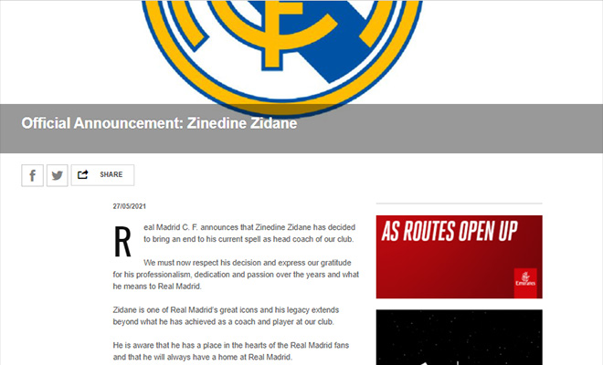 Zidane chính thức chia tay Real Madrid, Zidane rời Real Madrid, HLV Real Madrid, Zidane, Zinedine Zidane, Zidane từ chức, Florentino Perez, Real Madrid trắng tay, La Liga