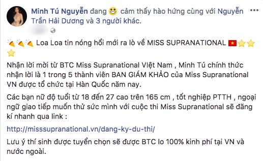Minh Tú là một trong 5 giám khảo của Hoa hậu Siêu quốc gia Việt Nam 2018 