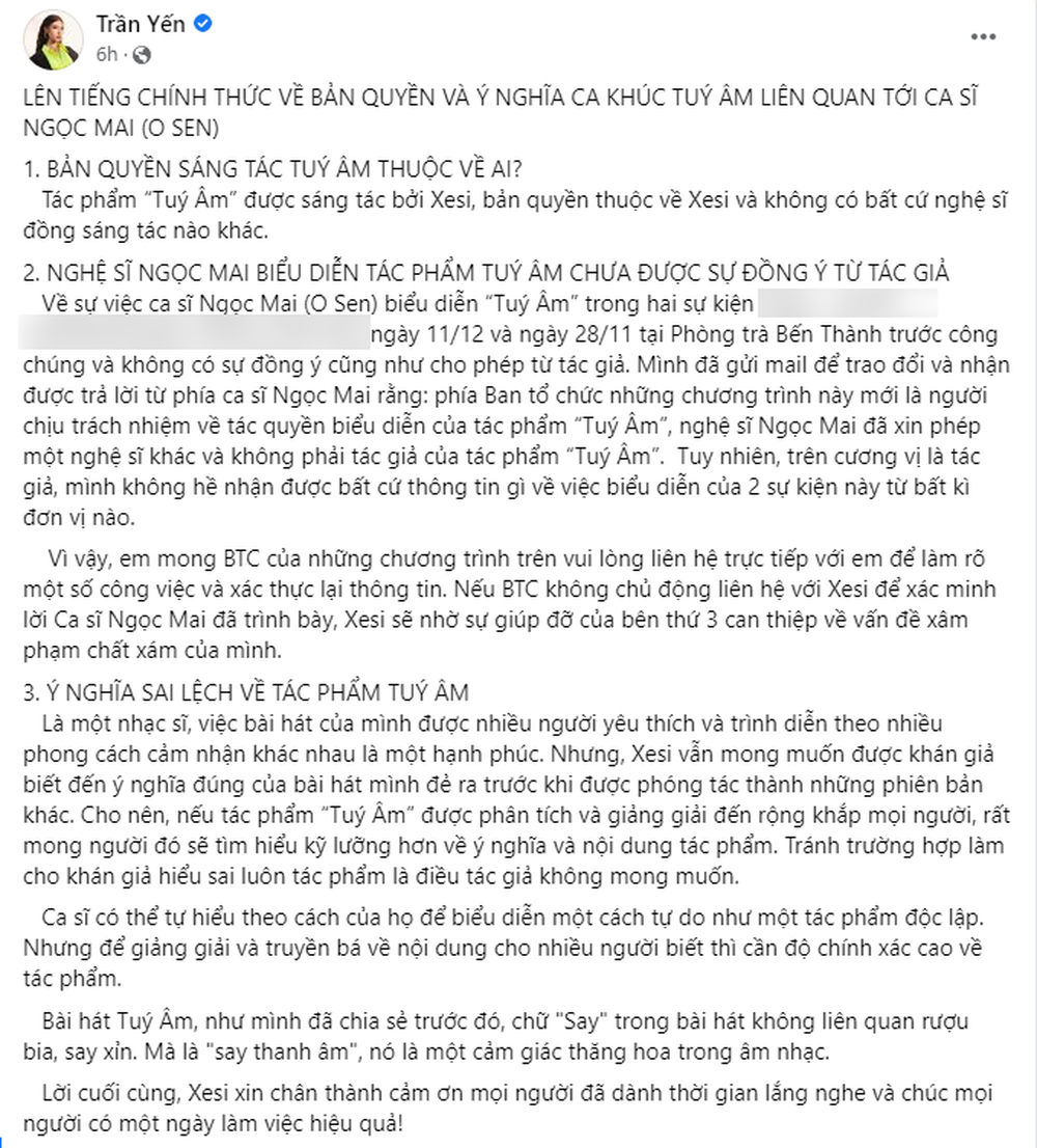 Tác giả Tuý Âm bức xúc khi O Sen Ngọc Mai trình diễn ca khúc chưa xin phép, làm sai lệch ý nghĩa gốc, giám đốc âm nhạc Huy Tuấn nói gì? - Ảnh 3.