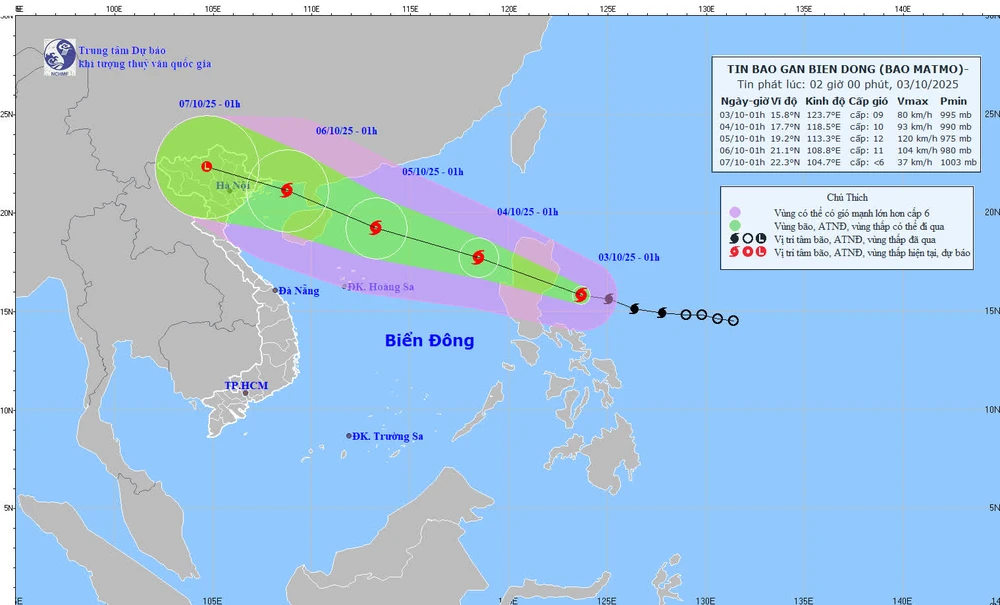 Dự báo thời tiết ngày 3/10: Bão MATMO ở phía Đông đảo Lu-dông (Philippines) và di chuyển theo hướng Tây Tây Bắc - Ảnh 1.