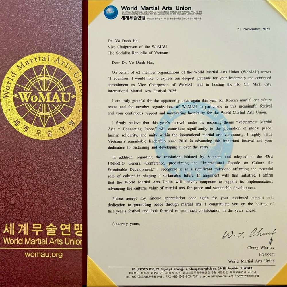 Chủ tịch Hiệp hội Võ thuật Thế giới gửi thư chúc mừng Liên hoan Võ thuật Quốc tế TP.HCM 2025 - Ảnh 1.