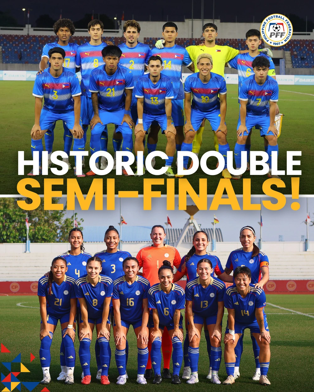 Lần đầu tiên trong lịch sử, hai đội bóng đá nam và nữ của Philippines đều vào bán kết SEA Games Lần đầu tiên trong lịch sử, hai đội bóng đá nam và nữ của Philippines đều vào bán kết SEA Games