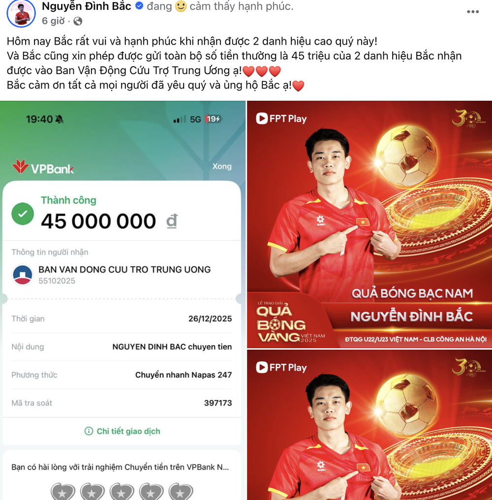 Hành động cao đẹp của Đình Bắc, dành tặng toàn bộ tiền thưởng từ 2 danh hiệu cá nhân cho đồng bào - Ảnh 1.