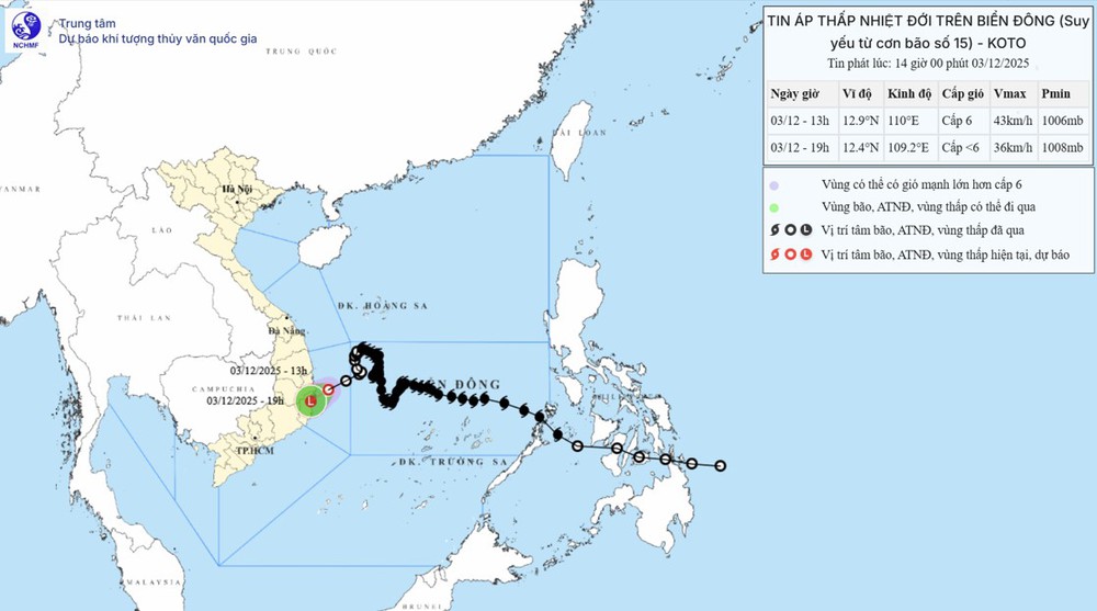 Áp thấp nhiệt đới đổi hướng, di chuyển nhanh trên vùng biển Đắk Lắk - Khánh Hòa - Ảnh 1.