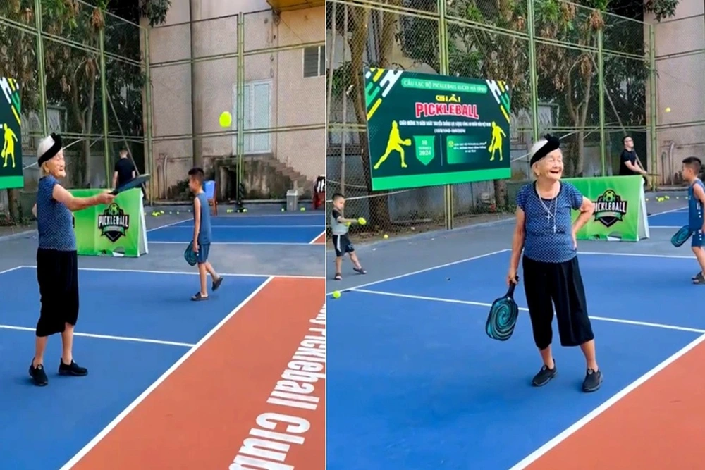 Cụ bà U100 ở Hà Tĩnh từ chạy bộ, tập gym, lấn sân sang chơi pickleball - Ảnh 2.