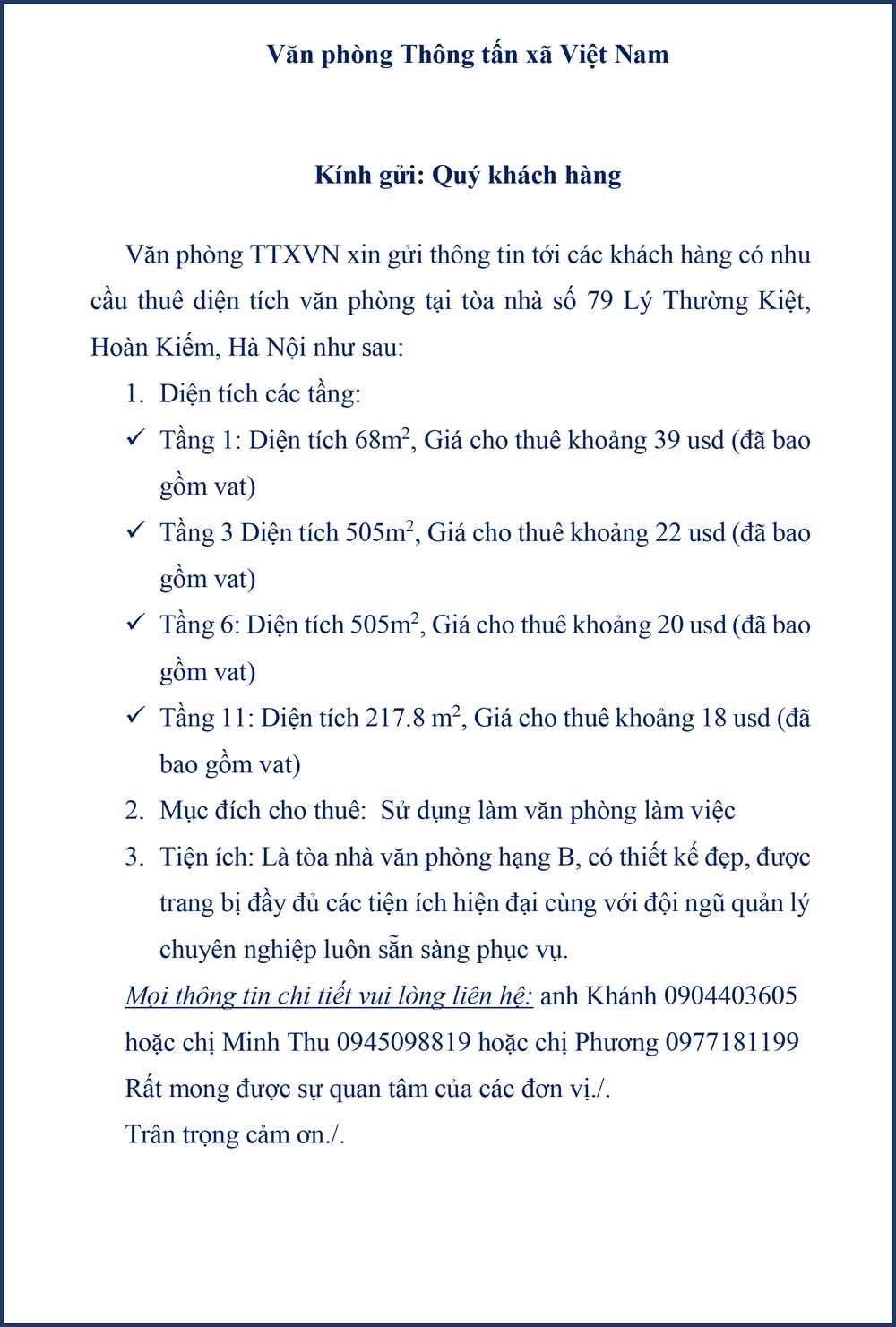 Cho thuê văn phòng quận Hoàn Kiếm - Ảnh 1.