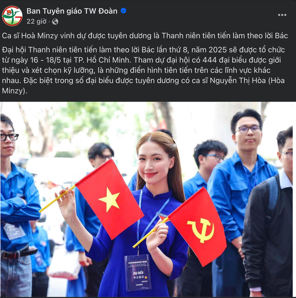 Hòa Minzy vinh dự góp mặt tại Đại hội Thanh niên tiên tiến làm theo lời Bác toàn quốc 2025 - Ảnh 1.