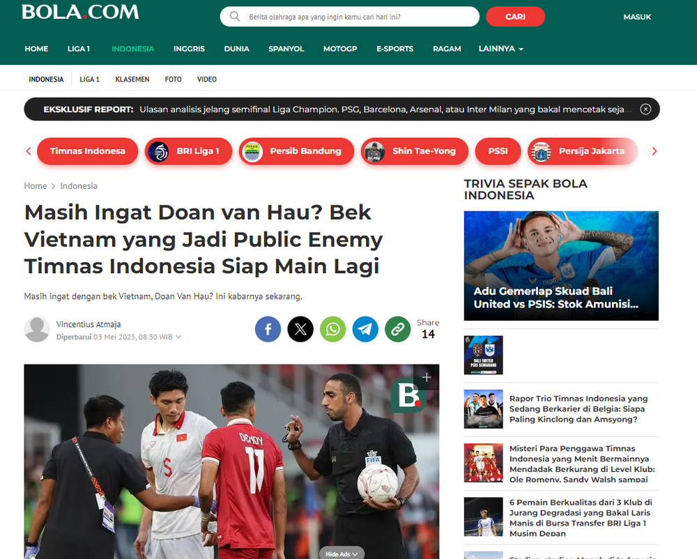 Tờ Bola của Indonesia dành sự quan tâm lớn trước thông tin Văn Hậu tái xuất sân cỏ