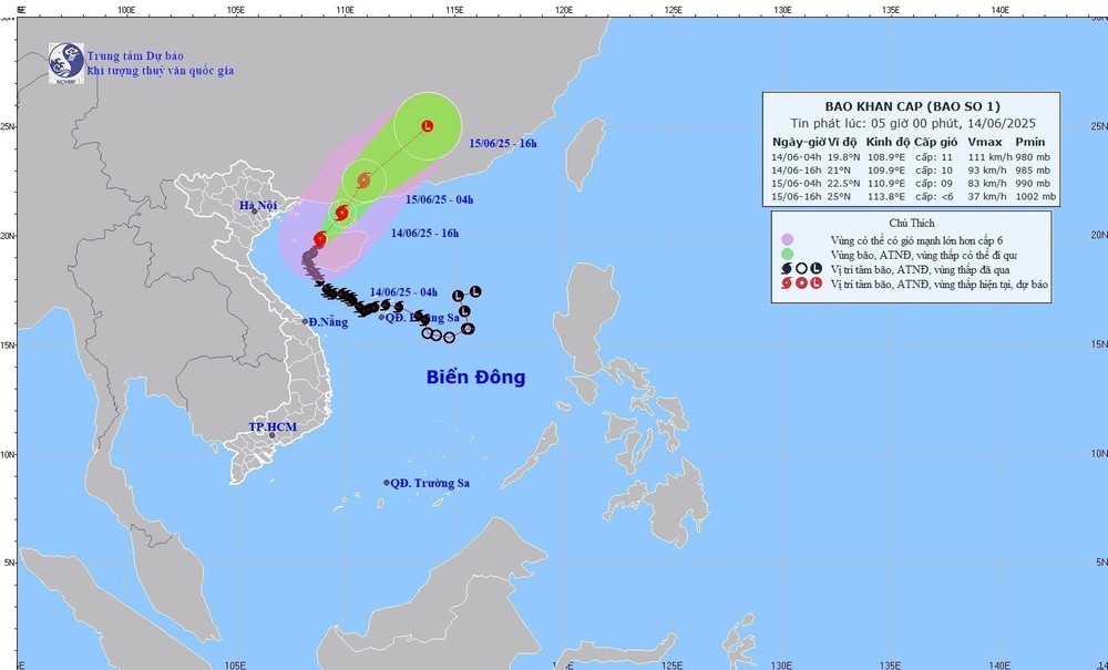 Dự báo thời tiết ngày 14/6: Khoảng 16 giờ, bão số 1 có khả năng suy yếu dần - Ảnh 1.