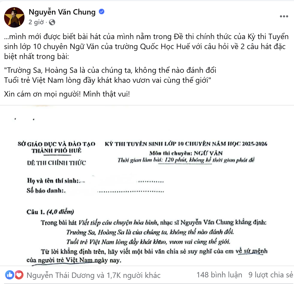 Lời ca khúc của nhạc sĩ Nguyễn Văn Chung vào đề thi Ngữ văn lớp 10 chuyên Quốc Học Huế - Ảnh 2.