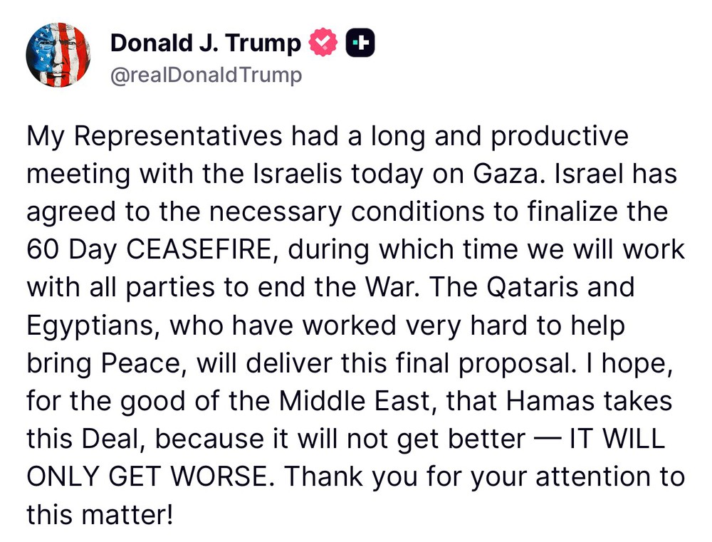 Căng thẳng Israel - Hamas: Tổng thống Mỹ thông báo Israel đồng ý các điều kiện ngừng bắn 60 ngày tại Dải Gaza - Ảnh 1.