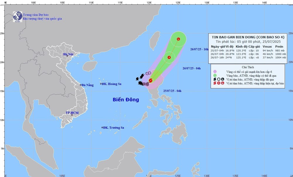 Dự báo thời tiết ngày 25/7: Bão số 4 đã đổ bộ vào phía Tây đảo Lu Dông - Philippines; trên biển mưa dông, sóng lớn - Ảnh 1.
