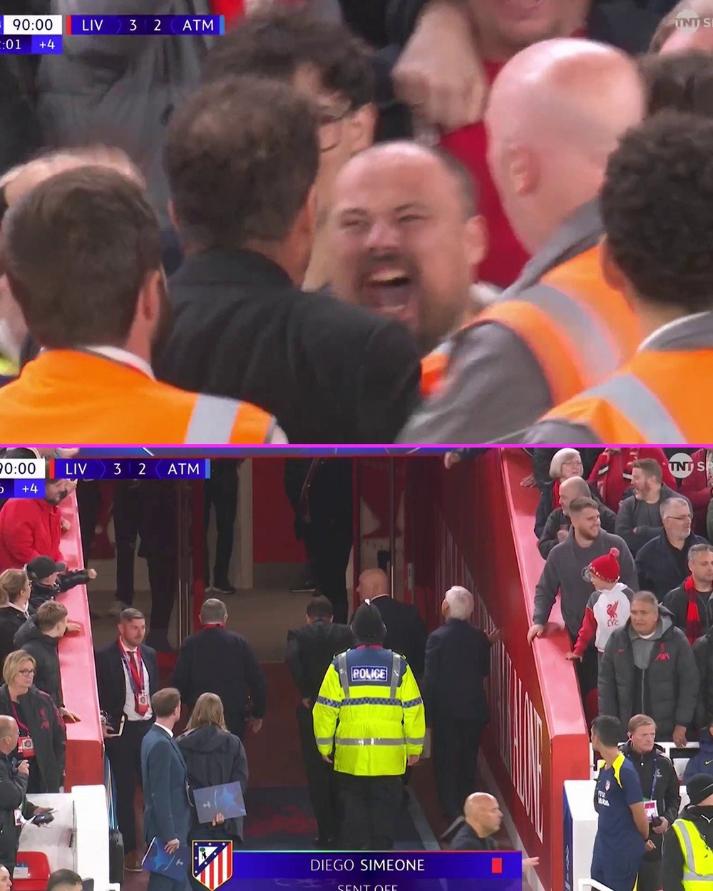 HLV Diego Simeone bị đuổi vì đôi co với CĐV ở trận thua Liverpool - Ảnh 1.